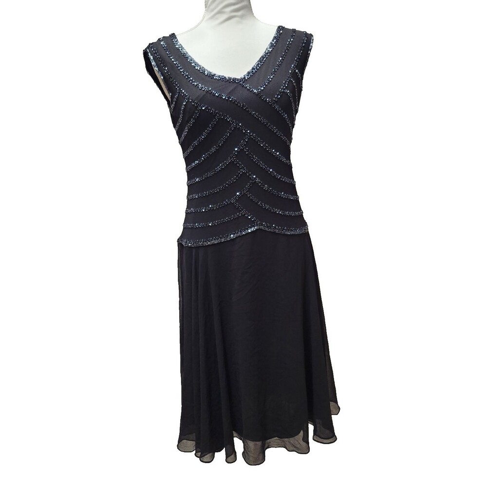 JKARA Black Beaded V Neck Asymmetrical Evening Sleeveless Dress Size 6